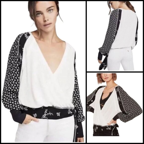 Free People Auxton Faux Wrap Thermal Tie Waist Top Boho Beach Slouchy B&W Size L - Picture 1 of 13